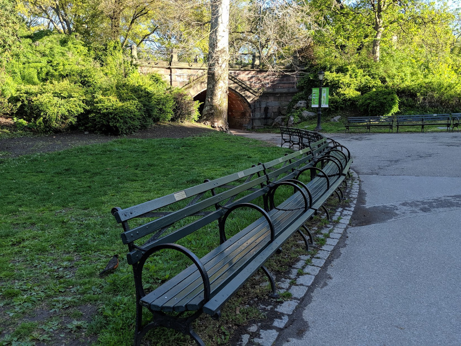 Some benches near a sandstone bridge